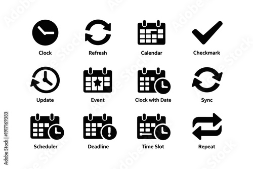 Clock and calendar icons set with refresh, sync, and deadline symbols