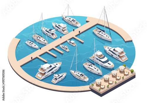 Aerial view of marina with numerous boats docked at piers and yachts anchored in the water