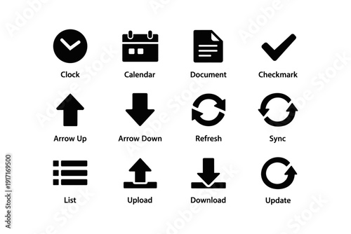 Black icon set: clock, calendar, document, checkmark, arrows, refresh, sync, list, upload, download, update