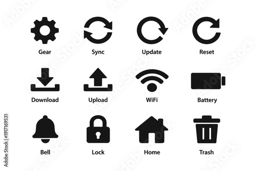 Device interface icons: gear, sync, update, reset, download, upload, wifi, battery, bell, lock, home, trash