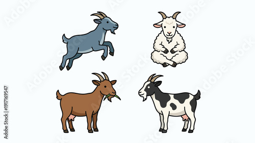 Set of diverse cartoon goats in various poses: jumping, sitting, eating, and standing spotted goat illustrations