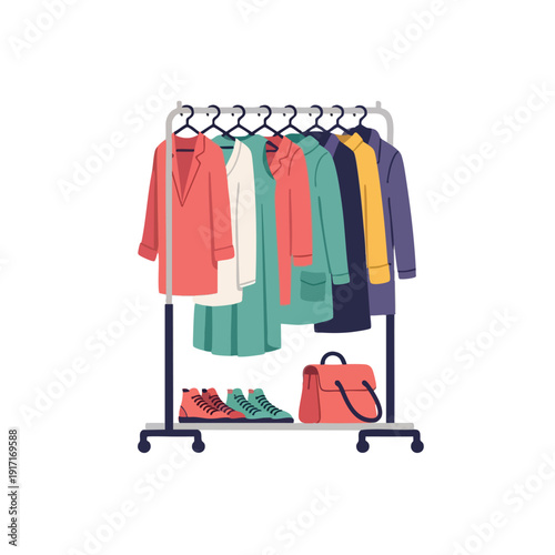 Fashion clothing rack with garments and accessories