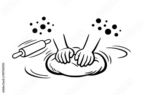 Hands kneading dough with rolling pin and flour illustrations