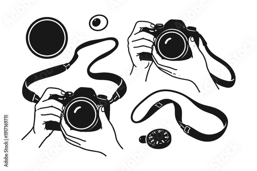 Vector illustration: hands holding cameras with accessories