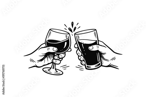 Illustrated hands toasting with wine and beer glasses celebrating togetherness