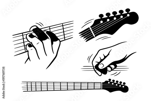 Monochrome guitar playing techniques: chord, pick, tuning peg, neck frets