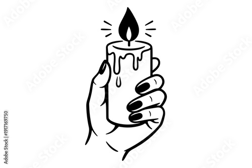Hand holding lit candle with melting wax in black and white illustration