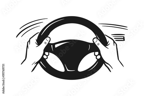 Illustration of hands gripping steering wheel with motion lines symbolizing speed