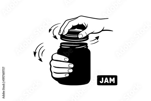 Hands opening jam jar - simplified illustration with motion arrows