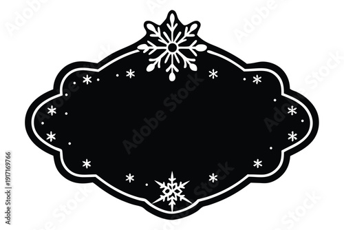 Decorative gift tag frame with whimsical snow elements, perfect for holiday packaging.