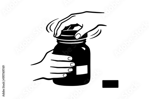 Two hands opening a jar - black and white illustrative silhouette