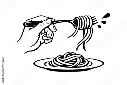Hand twirling forkful of spaghetti with plate vector