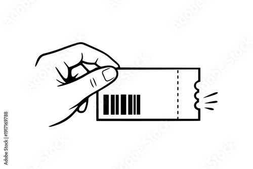 Hand holding barcode ticket line art illustration