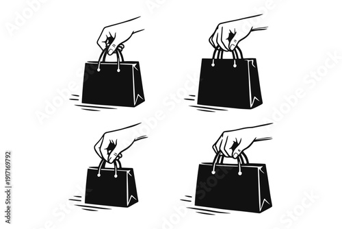 Hand holding shopping bag illustrations - four black and white variations