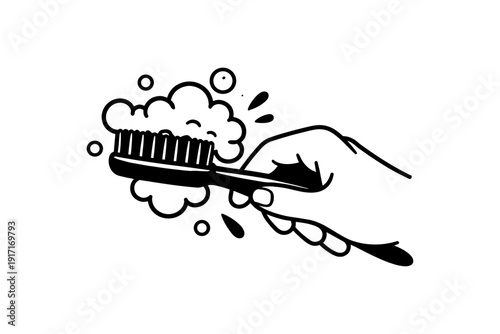 Hand holding foamy toothbrush drawing: dental hygiene emphasis