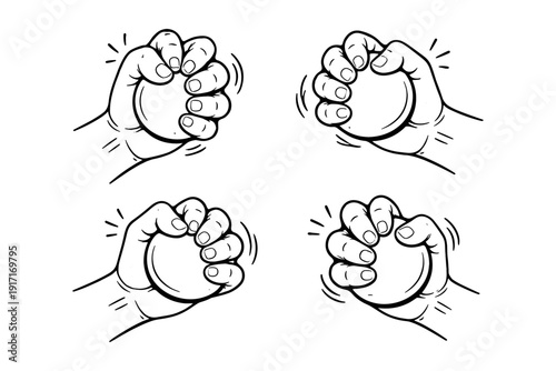 Hand sketches gripping stress balls in various positions