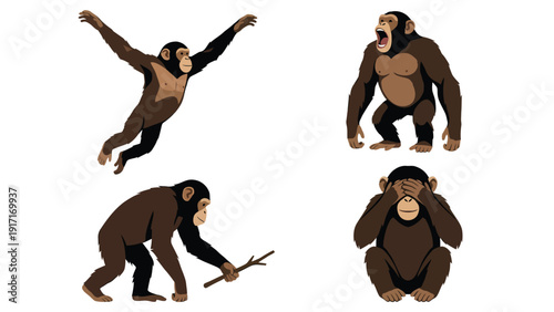 Cartoon Chimpanzee Poses Collection: Jumping, Yelling, Playing, and See No Evil Gesture Vector Illustration Set