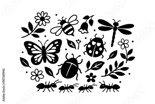 Silhouette of insects and plants: butterflies, bees, dragonflies, ants, flowers, leaves