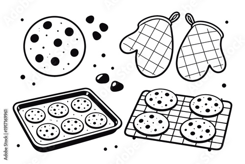 Black and white cookie baking illustrations with oven mitts and cooling racks