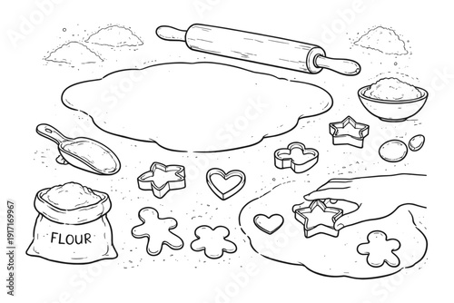Baking preparation with cookie cutters and dough