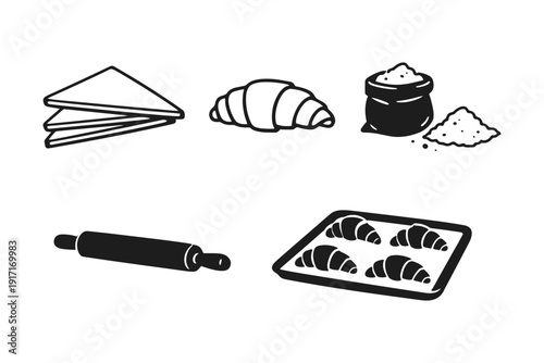 Bakery icons: bread, croissant, flour bag, rolling pin, baking tray with croissants