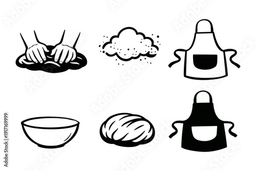 Bread making icons: dough, aprons, bowl, bread, flour