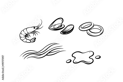 Black and white seafood icons featuring shrimp and mussels with ocean waves