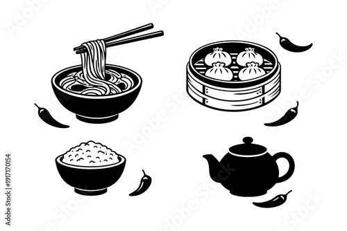 Asian cuisine icons with noodles, dumplings, rice, teapot, and chili peppers