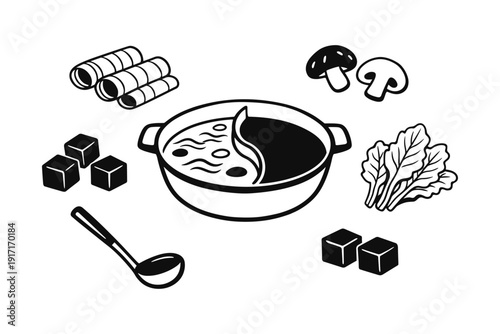 Black and white hot pot illustration with ingredients and utensils