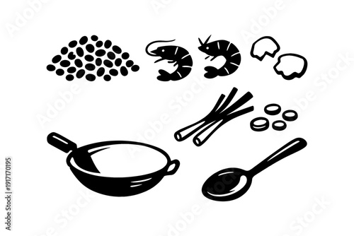 Asian cooking elements: rice, shrimp, garlic, lemongrass, wok, spoon illustration