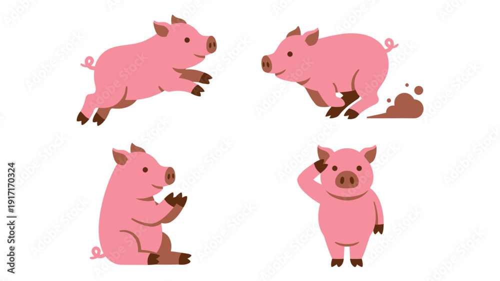 Fototapeta premium Adorable cartoon pig illustrations set: jumping, running in mud, clapping, and saluting