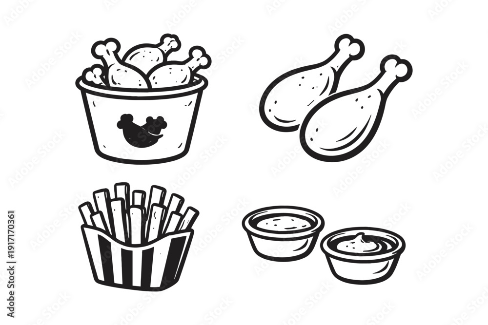 Fototapeta premium Fast food icons: chicken drumsticks, fries, dipping sauces in black and white cartoon style