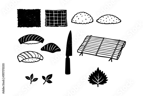 Sushi preparation tools with knife, bamboo mat, seaweed and rice for japanese cuisine