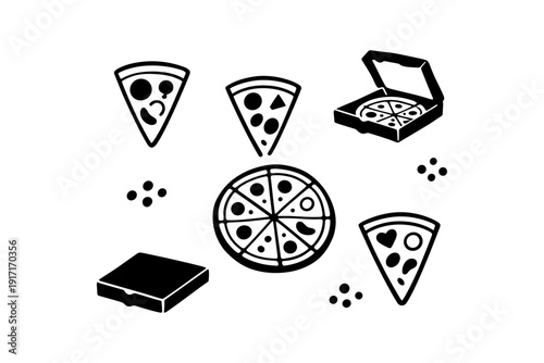 Set of pizza icons with slices and boxes in simple black and white design