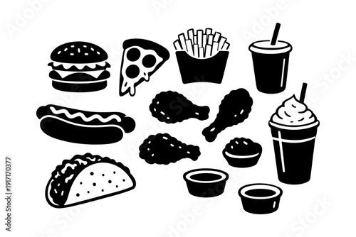 Monochrome fast food icons: burger, pizza, taco, drinks, snacks