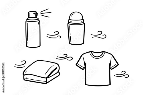 Illustration of deodorant types and fresh laundry with scent lines