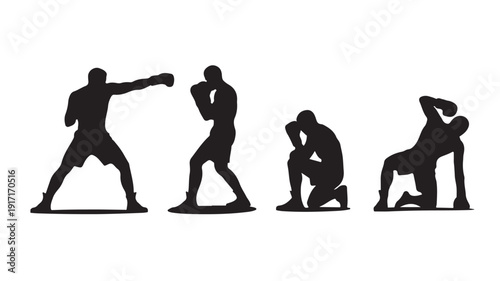 A minimalist illustration featuring four silhouetted boxers in different poses, showcasing various boxing techniques and movements, vector graphics