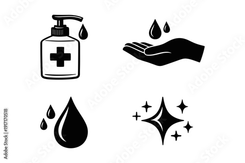 Black and white hygiene icons including hand sanitizer and cleanliness symbols