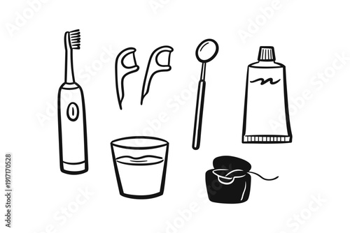 Dental hygiene tools: toothbrush, floss picks, mirror, toothpaste, water cup