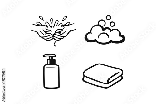 Handwashing essentials: soap, water, towel, sanitizer icons