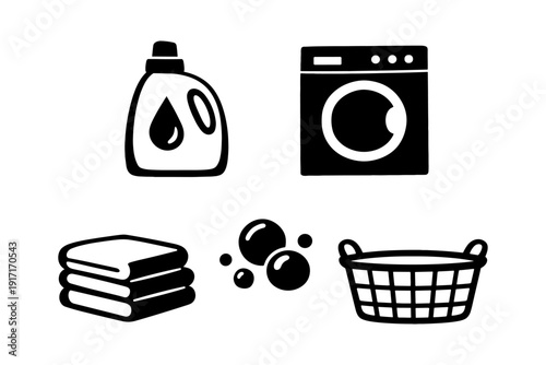 Laundry essentials icons: detergent, washing machine, towels, bubbles, basket