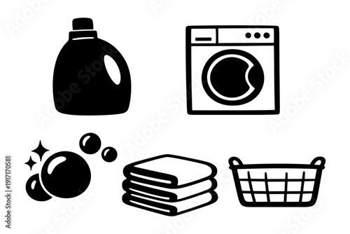 Laundry essentials: detergent, washing machine, bubbles, towels, basket icons