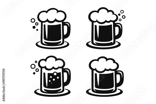 Set of four beer mug icons with foam bubbles in black and white