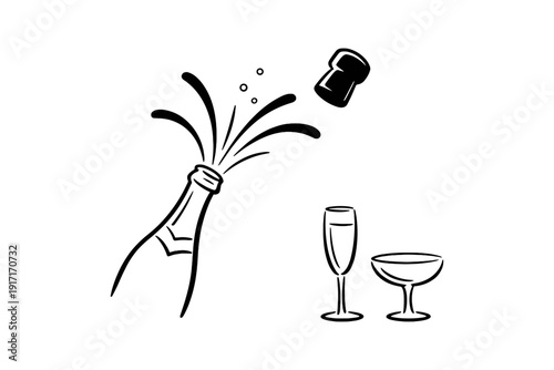 Celebratory champagne bottle popping with flute and coupe glasses illustration