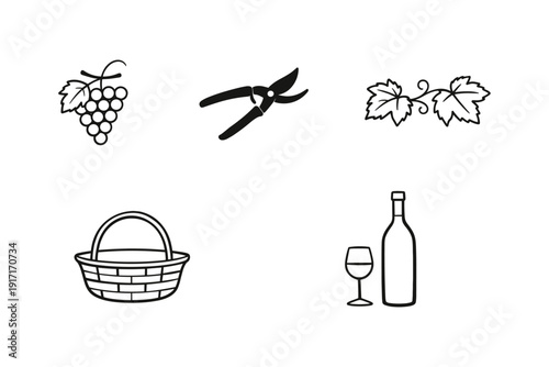 Wine harvest icons: grapes, pruning shears, basket, vine leaves, wine bottle
