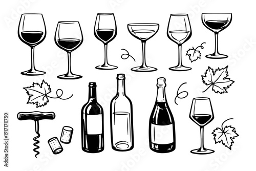 Wine glasses and bottles illustration with corkscrew and leaves