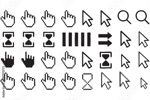 Retro Pixelated Hand Cursor and Hourglass Icons