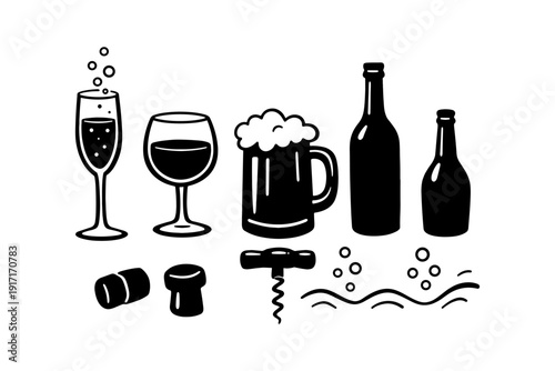 Assorted beverage icons: wine, beer, champagne glasses with corks and bubbles