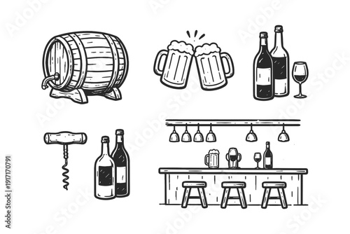 Rustic bar elements: barrel, mugs, bottles, glasses, counter design