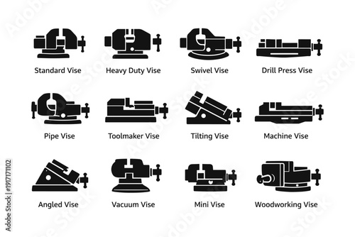 Collection of various industrial vise icons for versatile applications